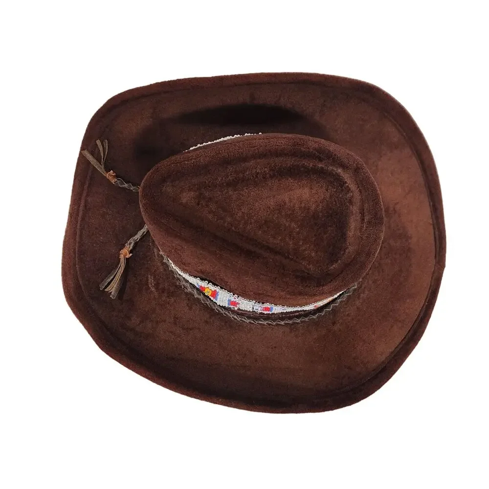 Vtg Brown Velour Cowboy Hat Southwestern Beaded Band Festival Western Boho